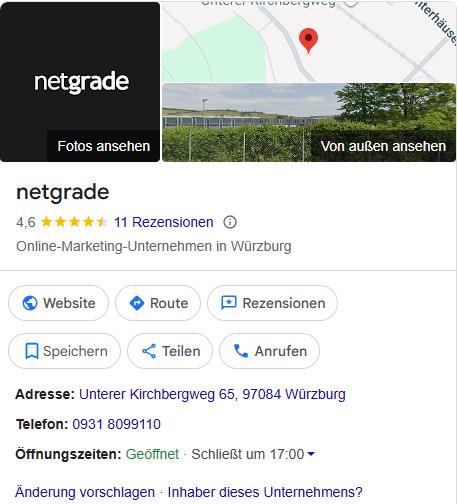 Google Unternehmensprofil der Online-Marketing-Agentur netgrade in Würzburg in den Suchergebnissen.